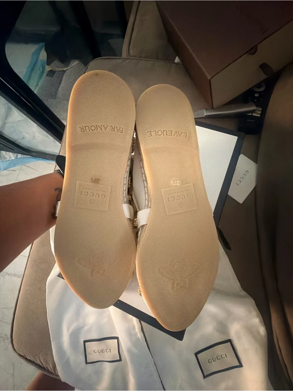 Gucci Cream Jeweled Canvas Espadrille Slip-Ons - Picture 6 of 7